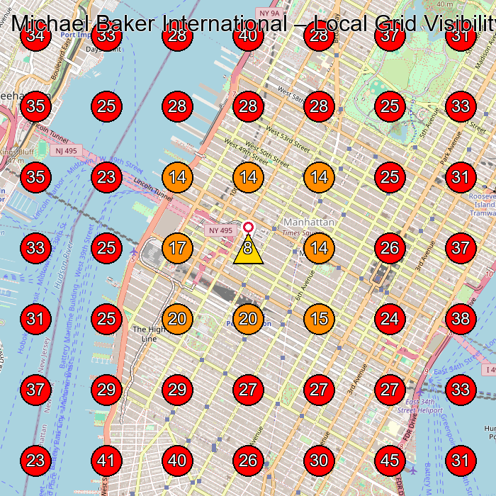Michael Baker International GeoGrid visibility map for Engineering Consultant in One Pennsylvania Plaza Suite 630